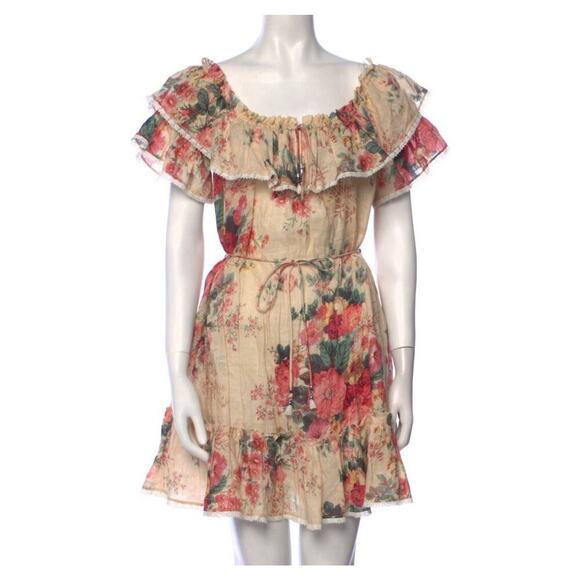 Zimmermann Laelia Frill Tier Short Mini Dress Off Shoulder Floral Linen 2 US 8 - Picture 8 of 9